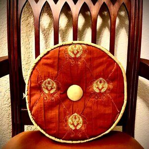 NWT ALEXANDRA'S ACCENTS 12" Round Accent Pillow Rust\Gold Raw Silk Brocade